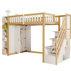 Okwish Lit Mezzanine 90x200 cm - Lit Simple avec Escalier Sécurisé, Armoire et Étagères de Rangement, Pin et MDF, Blanc et Bois Naturel* Lit Mezzanine