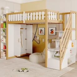 Okwish Lit Mezzanine 90x200 cm - Lit Simple avec Escalier Sécurisé, Armoire et Étagères de Rangement, Pin et MDF, Blanc et Bois Naturel* Lit Mezzanine