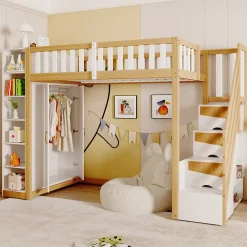 Okwish Lit Mezzanine 90x200 cm - Lit Simple avec Escalier Sécurisé, Armoire et Étagères de Rangement, Pin et MDF, Blanc et Bois Naturel* Lit Mezzanine