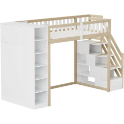 Okwish Lit Mezzanine 90x200 cm - Lit Simple avec Escalier Sécurisé, Armoire et Étagères de Rangement, Pin et MDF, Blanc et Bois Naturel* Lit Mezzanine