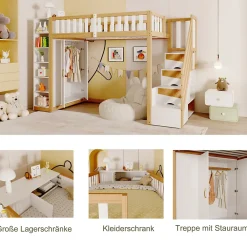 Okwish Lit Mezzanine 90x200 cm - Lit Simple avec Escalier Sécurisé, Armoire et Étagères de Rangement, Pin et MDF, Blanc et Bois Naturel* Lit Mezzanine
