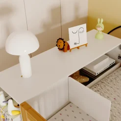 Okwish Lit Mezzanine 90x200 cm - Lit Simple avec Escalier Sécurisé, Armoire et Étagères de Rangement, Pin et MDF, Blanc et Bois Naturel* Lit Mezzanine