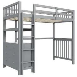 Generique Lit Mezzanine 90x200 cm - Lit Simple avec Échelle Verticale, Tiroirs et Étagères de Rangement, Sans Matelas - Gris* Lit Mezzanine