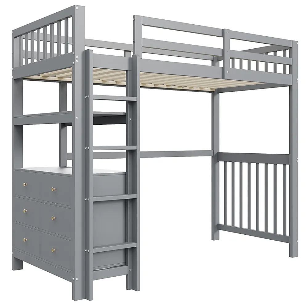 Generique Lit Mezzanine 90x200 cm - Lit Simple avec Échelle Verticale, Tiroirs et Étagères de Rangement, Sans Matelas - Gris* Lit Mezzanine