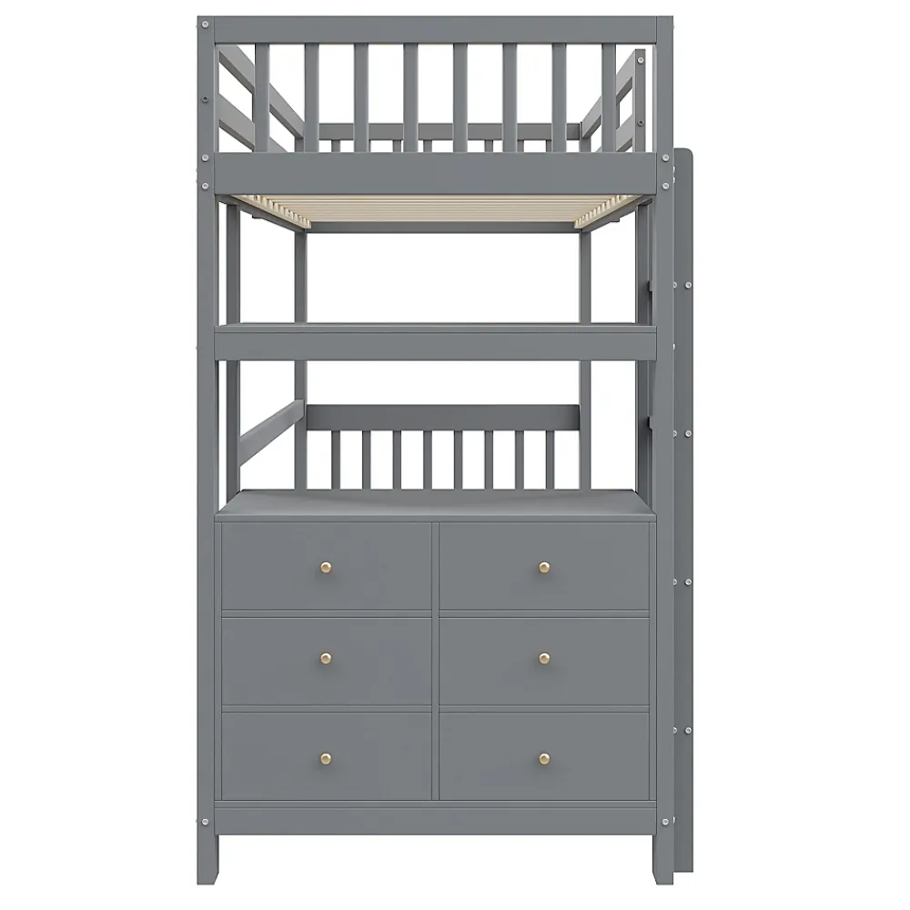 Generique Lit Mezzanine 90x200 cm - Lit Simple avec Échelle Verticale, Tiroirs et Étagères de Rangement, Sans Matelas - Gris* Lit Mezzanine
