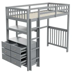 Generique Lit Mezzanine 90x200 cm - Lit Simple avec Échelle Verticale, Tiroirs et Étagères de Rangement, Sans Matelas - Gris* Lit Mezzanine
