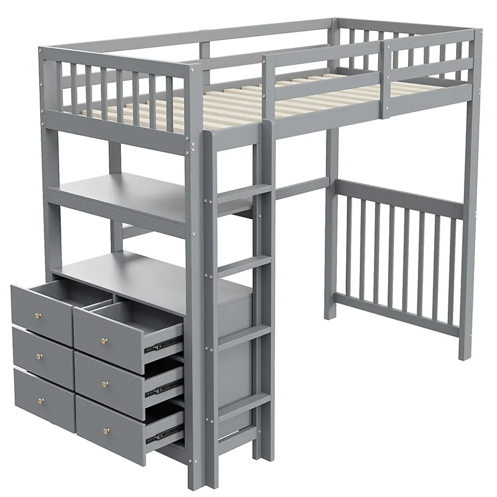 Generique Lit Mezzanine 90x200 cm - Lit Simple avec Échelle Verticale, Tiroirs et Étagères de Rangement, Sans Matelas - Gris* Lit Mezzanine