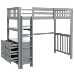Generique Lit Mezzanine 90x200 cm - Lit Simple avec Échelle Verticale, Tiroirs et Étagères de Rangement, Sans Matelas - Gris* Lit Mezzanine