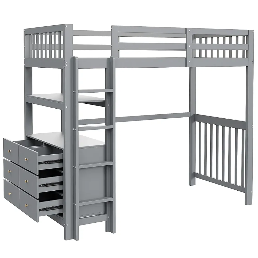 Generique Lit Mezzanine 90x200 cm - Lit Simple avec Échelle Verticale, Tiroirs et Étagères de Rangement, Sans Matelas - Gris* Lit Mezzanine