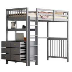 Generique Lit Mezzanine 90x200 cm - Lit Simple avec Échelle Verticale, Tiroirs et Étagères de Rangement, Sans Matelas - Gris* Lit Mezzanine