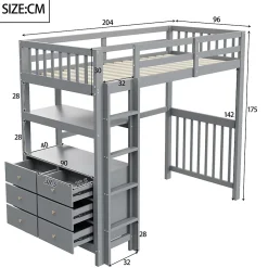 Generique Lit Mezzanine 90x200 cm - Lit Simple avec Échelle Verticale, Tiroirs et Étagères de Rangement, Sans Matelas - Gris* Lit Mezzanine