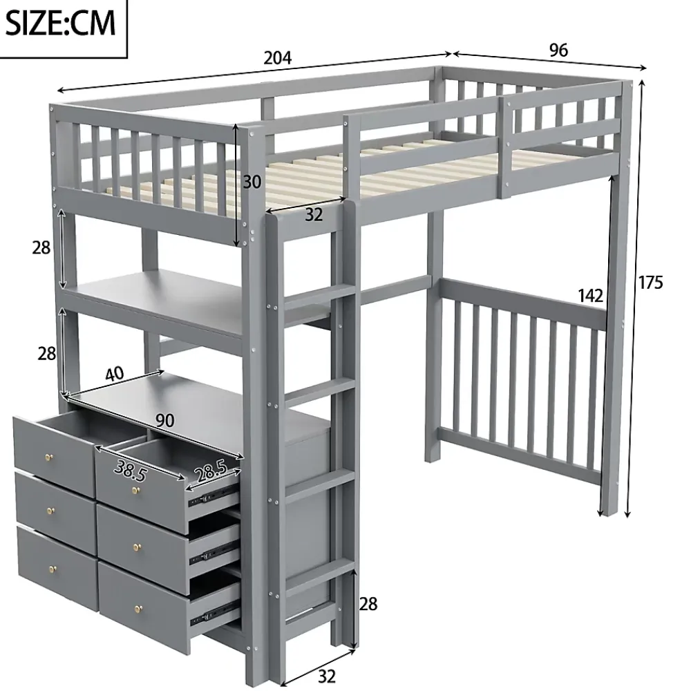 Generique Lit Mezzanine 90x200 cm - Lit Simple avec Échelle Verticale, Tiroirs et Étagères de Rangement, Sans Matelas - Gris* Lit Mezzanine