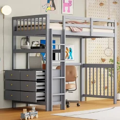 Generique Lit Mezzanine 90x200 cm - Lit Simple avec Échelle Verticale, Tiroirs et Étagères de Rangement, Sans Matelas - Gris* Lit Mezzanine