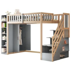 Okwish Lit Mezzanine 90x200 cm - Lit Simple avec Escalier Sécurisé, Armoire et Étagères de Rangement, Pin et MDF, Gris et Bois Naturel* Lit Mezzanine