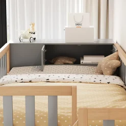 Okwish Lit Mezzanine 90x200 cm - Lit Simple avec Escalier Sécurisé, Armoire et Étagères de Rangement, Pin et MDF, Gris et Bois Naturel* Lit Mezzanine