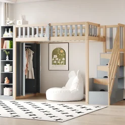 Okwish Lit Mezzanine 90x200 cm - Lit Simple avec Escalier Sécurisé, Armoire et Étagères de Rangement, Pin et MDF, Gris et Bois Naturel* Lit Mezzanine