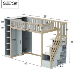Okwish Lit Mezzanine 90x200 cm - Lit Simple avec Escalier Sécurisé, Armoire et Étagères de Rangement, Pin et MDF, Gris et Bois Naturel* Lit Mezzanine