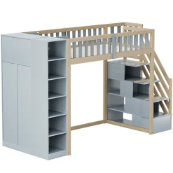 Okwish Lit Mezzanine 90x200 cm - Lit Simple avec Escalier Sécurisé, Armoire et Étagères de Rangement, Pin et MDF, Gris et Bois Naturel* Lit Mezzanine
