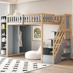 Okwish Lit Mezzanine 90x200 cm - Lit Simple avec Escalier Sécurisé, Armoire et Étagères de Rangement, Pin et MDF, Gris et Bois Naturel* Lit Mezzanine