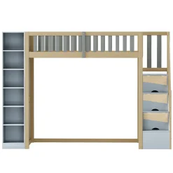 Okwish Lit Mezzanine 90x200 cm - Lit Simple avec Escalier Sécurisé, Armoire et Étagères de Rangement, Pin et MDF, Gris et Bois Naturel* Lit Mezzanine