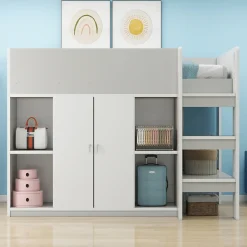 Lit mezzanine 90x200 cm - Lit simple avec échelle intégrée, placard pratique et rangements - Pin et MDF - Gris><noscript><img width=