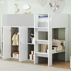 Lit mezzanine 90x200 cm - Lit simple avec échelle intégrée, placard pratique et rangements - Pin et MDF - Gris><noscript><img width=