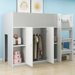 Lit mezzanine 90x200 cm - Lit simple avec échelle intégrée, placard pratique et rangements - Pin et MDF - Gris><noscript><img width=
