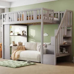Lit mezzanine 90x200 cm - Lit simple avec échelle pratique, tiroirs de rangement intégrés et structure robuste - Pin et MDF - Gris>Okwish Hot