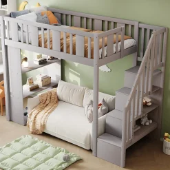 Lit mezzanine 90x200 cm - Lit simple avec échelle pratique, tiroirs de rangement intégrés et structure robuste - Pin et MDF - Gris>Okwish Hot