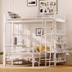 Okwish Lit mezzanine 90x200 cm - Lit simple avec rangement multifonction, structure métal et MDF avec étagères - Sans matelas - Blanc* Lit Mezzanine