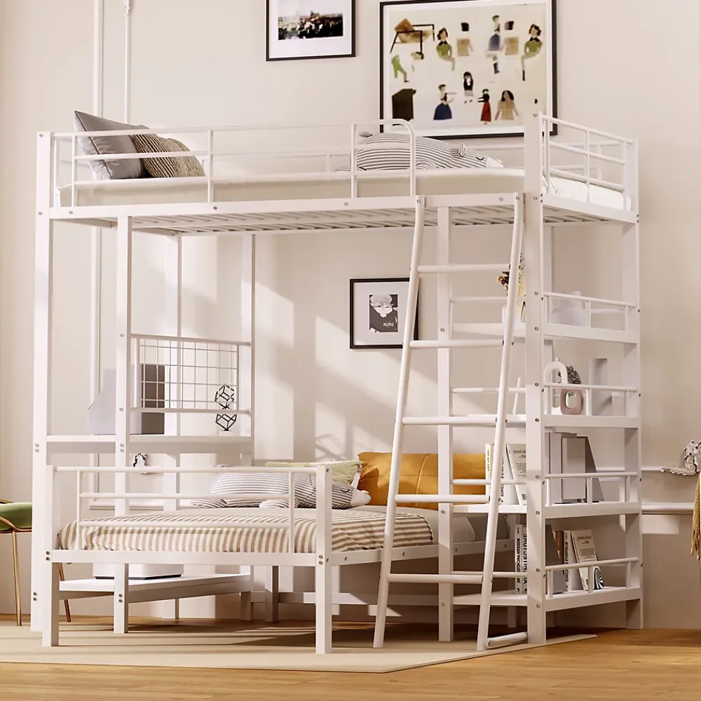 Okwish Lit mezzanine 90x200 cm - Lit simple avec rangement multifonction, structure métal et MDF avec étagères - Sans matelas - Blanc* Lit Mezzanine