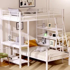 Okwish Lit mezzanine 90x200 cm - Lit simple avec rangement multifonction, structure métal et MDF avec étagères - Sans matelas - Blanc* Lit Mezzanine