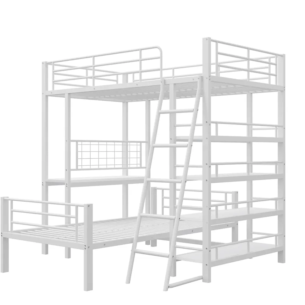 Okwish Lit mezzanine 90x200 cm - Lit simple avec rangement multifonction, structure métal et MDF avec étagères - Sans matelas - Blanc* Lit Mezzanine