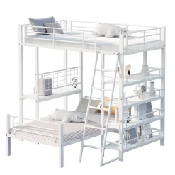 Okwish Lit mezzanine 90x200 cm - Lit simple avec rangement multifonction, structure métal et MDF avec étagères - Sans matelas - Blanc* Lit Mezzanine