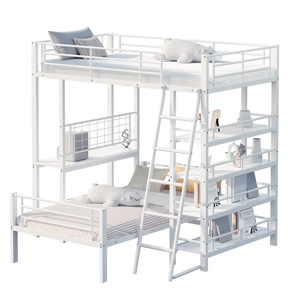 Okwish Lit mezzanine 90x200 cm - Lit simple avec rangement multifonction, structure métal et MDF avec étagères - Sans matelas - Blanc* Lit Mezzanine