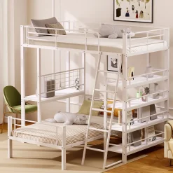 Okwish Lit mezzanine 90x200 cm - Lit simple avec rangement multifonction, structure métal et MDF avec étagères - Sans matelas - Blanc* Lit Mezzanine