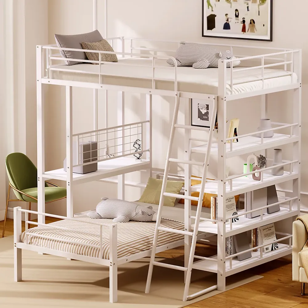 Okwish Lit mezzanine 90x200 cm - Lit simple avec rangement multifonction, structure métal et MDF avec étagères - Sans matelas - Blanc* Lit Mezzanine