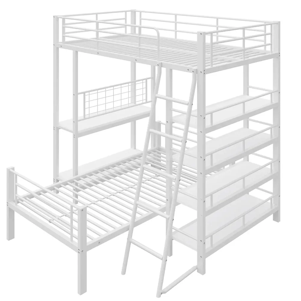 Okwish Lit mezzanine 90x200 cm - Lit simple avec rangement multifonction, structure métal et MDF avec étagères - Sans matelas - Blanc* Lit Mezzanine