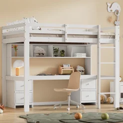 Okwish Lit mezzanine 90x200 cm - Lit Simple avec Escalier à Rampe Haute et bureau, tiroirs - Pin + MDF - Sans Matelas - Blanc* Lit Mezzanine
