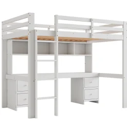 Okwish Lit mezzanine 90x200 cm - Lit Simple avec Escalier à Rampe Haute et bureau, tiroirs - Pin + MDF - Sans Matelas - Blanc* Lit Mezzanine