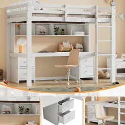 Okwish Lit mezzanine 90x200 cm - Lit Simple avec Escalier à Rampe Haute et bureau, tiroirs - Pin + MDF - Sans Matelas - Blanc* Lit Mezzanine