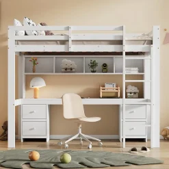 Okwish Lit mezzanine 90x200 cm - Lit Simple avec Escalier à Rampe Haute et bureau, tiroirs - Pin + MDF - Sans Matelas - Blanc* Lit Mezzanine