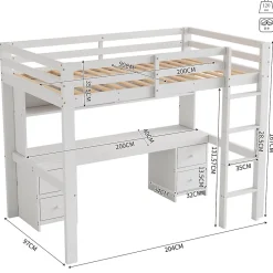 Okwish Lit mezzanine 90x200 cm - Lit Simple avec Escalier à Rampe Haute et bureau, tiroirs - Pin + MDF - Sans Matelas - Blanc* Lit Mezzanine