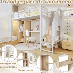 Lit mezzanine 90x200 cm - Structure en fer - Avec espace de rangement - Avec armoire + bureau - Blanc (matelas non inclus)><noscript><img width=