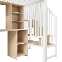 Lit mezzanine 90x200 cm - Structure en fer - Avec espace de rangement - Avec armoire + bureau - Blanc (matelas non inclus)><noscript><img width=