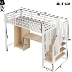 Lit mezzanine 90x200 cm - Structure en fer - Avec espace de rangement - Avec armoire + bureau - Blanc (matelas non inclus)><noscript><img width=