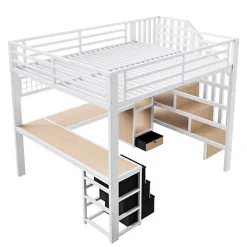 Lit mezzanine 90x200 cm - Structure en fer - Avec espace de rangement - Avec armoire + bureau - Blanc (matelas non inclus)><noscript><img width=