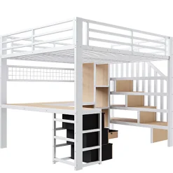 Lit mezzanine 90x200 cm - Structure en fer - Avec espace de rangement - Avec armoire + bureau - Blanc (matelas non inclus)><noscript><img width=