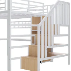 Lit mezzanine 90x200 cm - Structure en fer - Avec espace de rangement - Avec armoire + bureau - Blanc (matelas non inclus)><noscript><img width=
