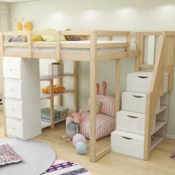 Lit Mezzanine 140x200 cm Ado avec Commode, Étagères et Tiroirs - Échelle Sécurisée Antidérapante - Sans Matelas - Bois Naturel>Okwish Clearance